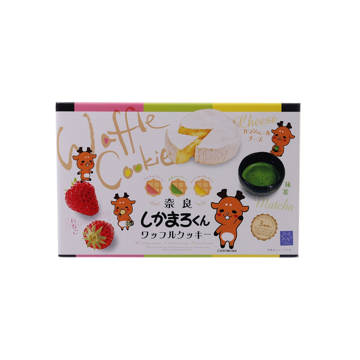 Chocolate cream cookie assortment box with cartoon characters, front view
