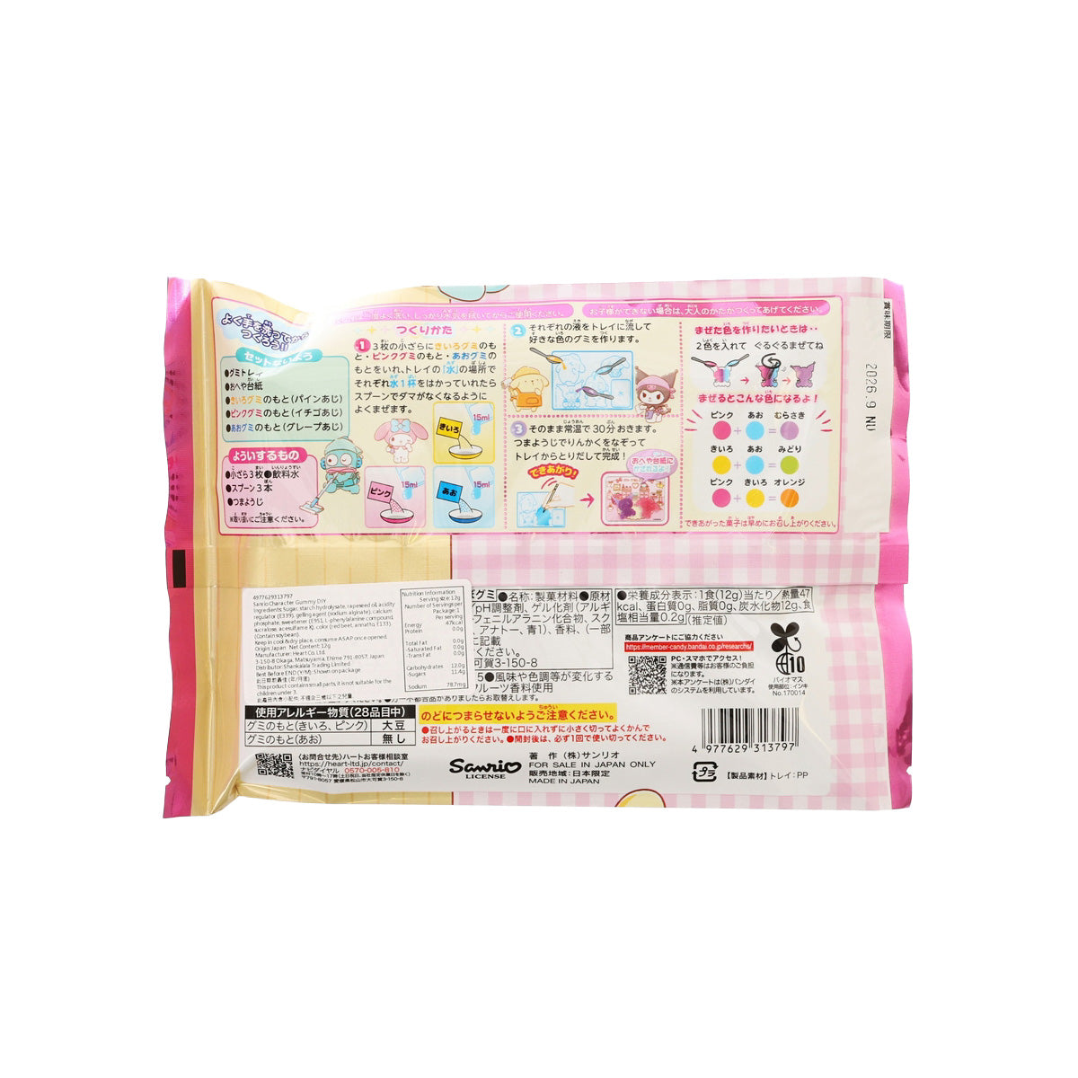 HEART Sanrio DIY gummy bedroom kit, back of pink pouch with instructions