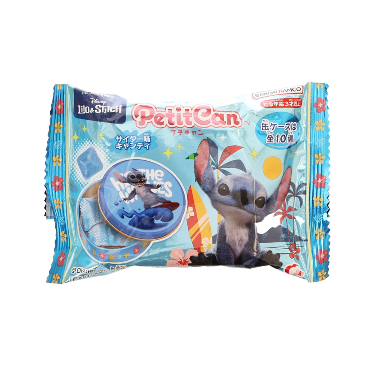 Blue candy wrapper with Lilo & Stitch character art and PetitCan branding