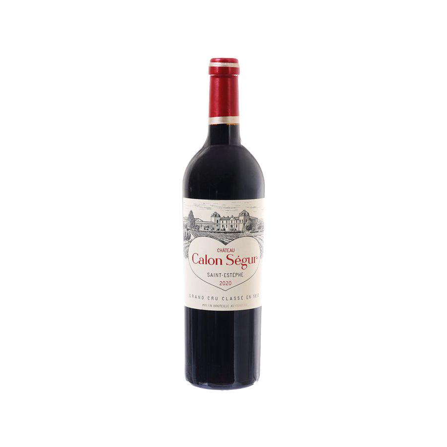 Red wine bottle with front label, Calon Segur 2020, red capsule