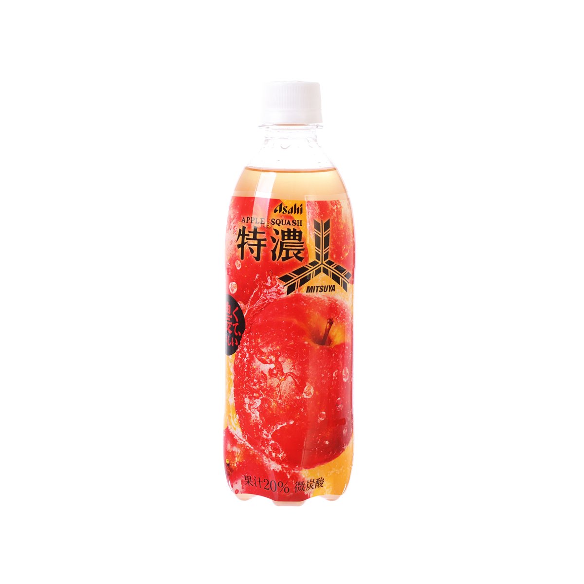 Apple squash carbonated drink bottle, 500 mL PET, orange-red label with fruit image
