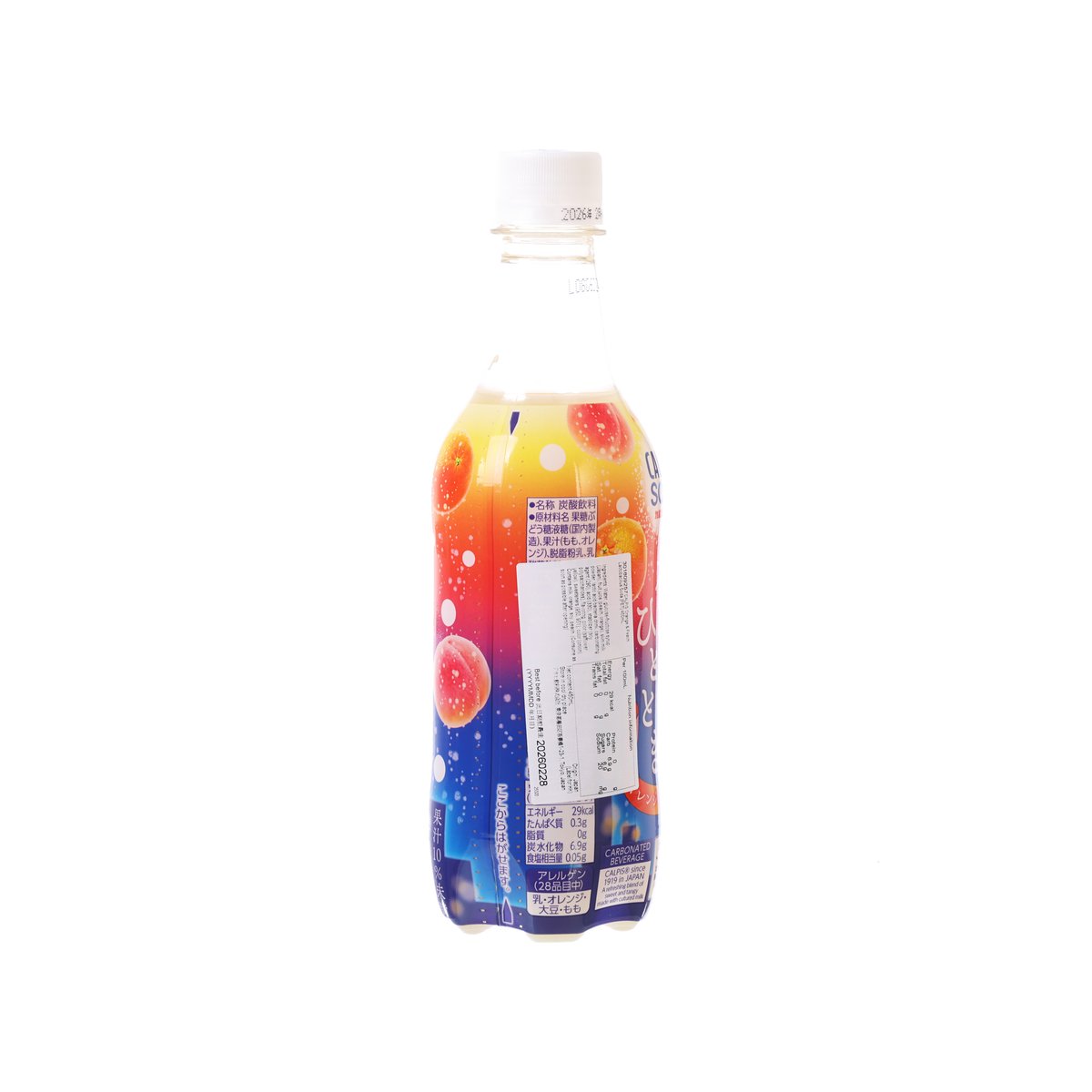 CALPIS Orange & Peach lactobacillus soda bottle, 450 mL, back label view
