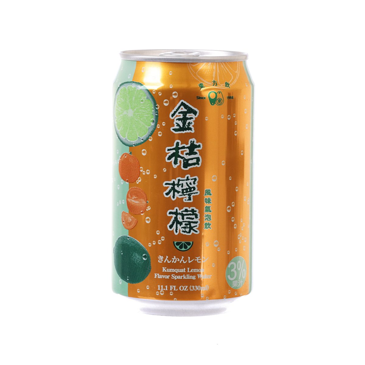 DONG FANG YIN kumquat lemon sparkling water can, 330 mL, front label with fruit