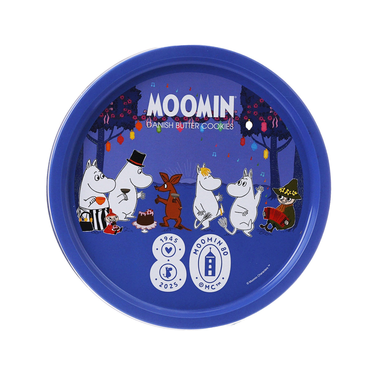 Blue round biscuit tin lid with Moomin character artwork and 340g label