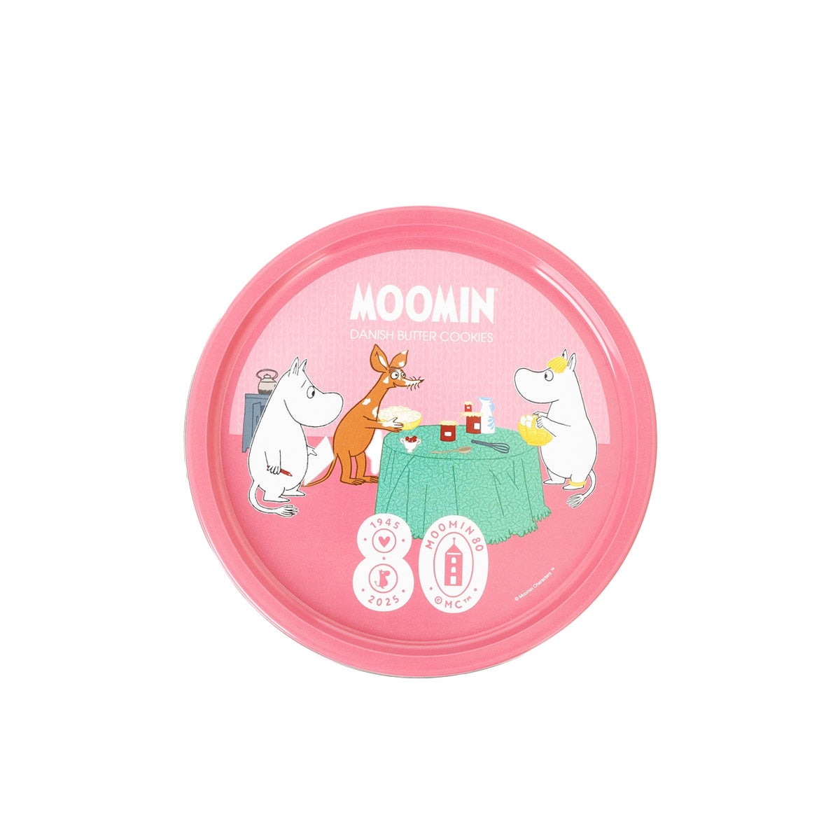 Pink round biscuit tin lid with Moomin character artwork and 340g label