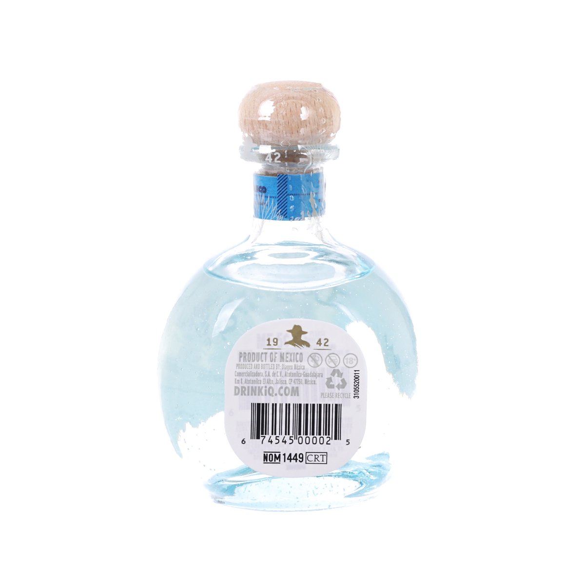 DON JULIO Blanco tequila bottle with back label, barcode, and blue neck band