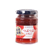 Strawberry chunky jam jar with dark red filling and MEIDI-YA front label