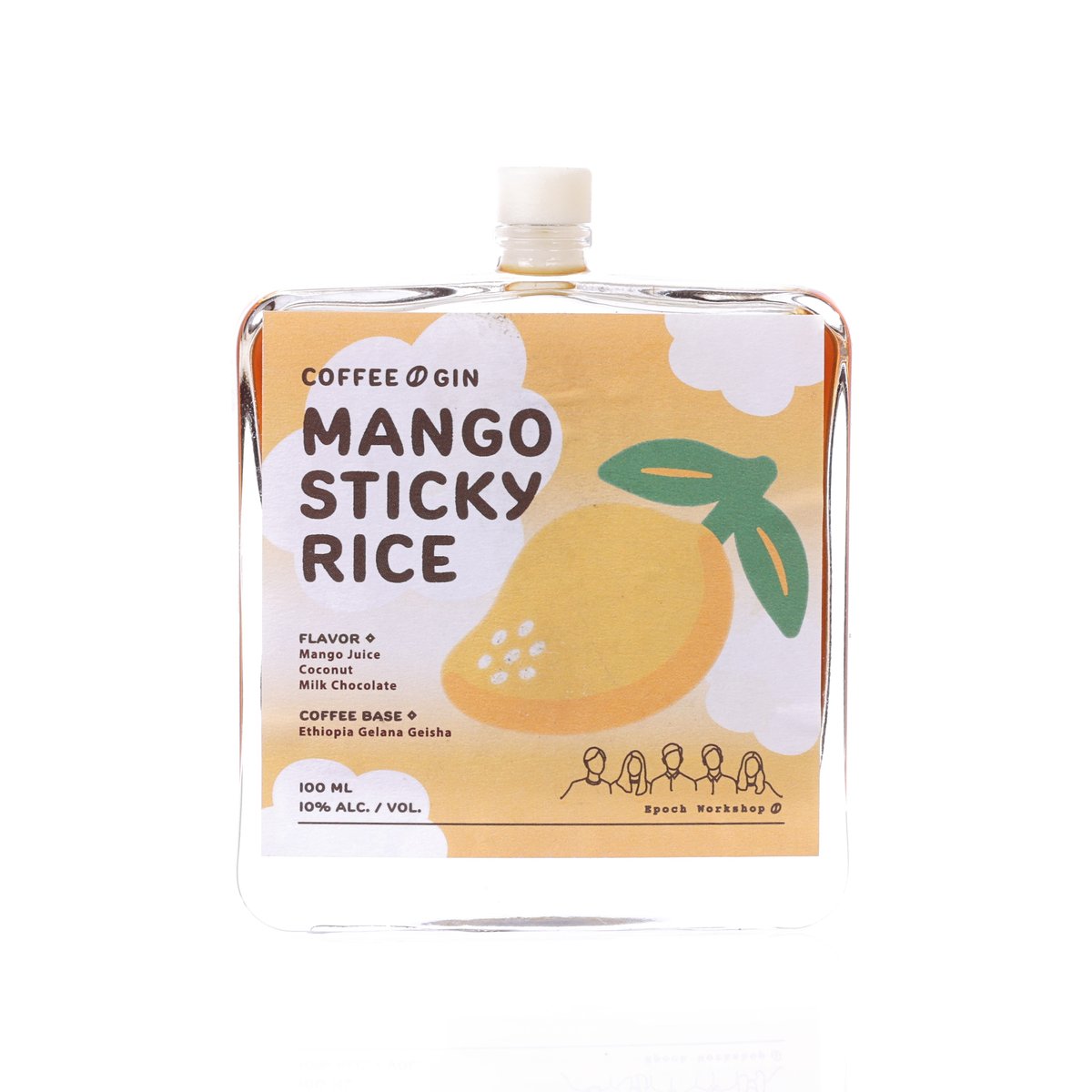 Mango sticky rice gin coffee bottle, illustrated mango label and white cap