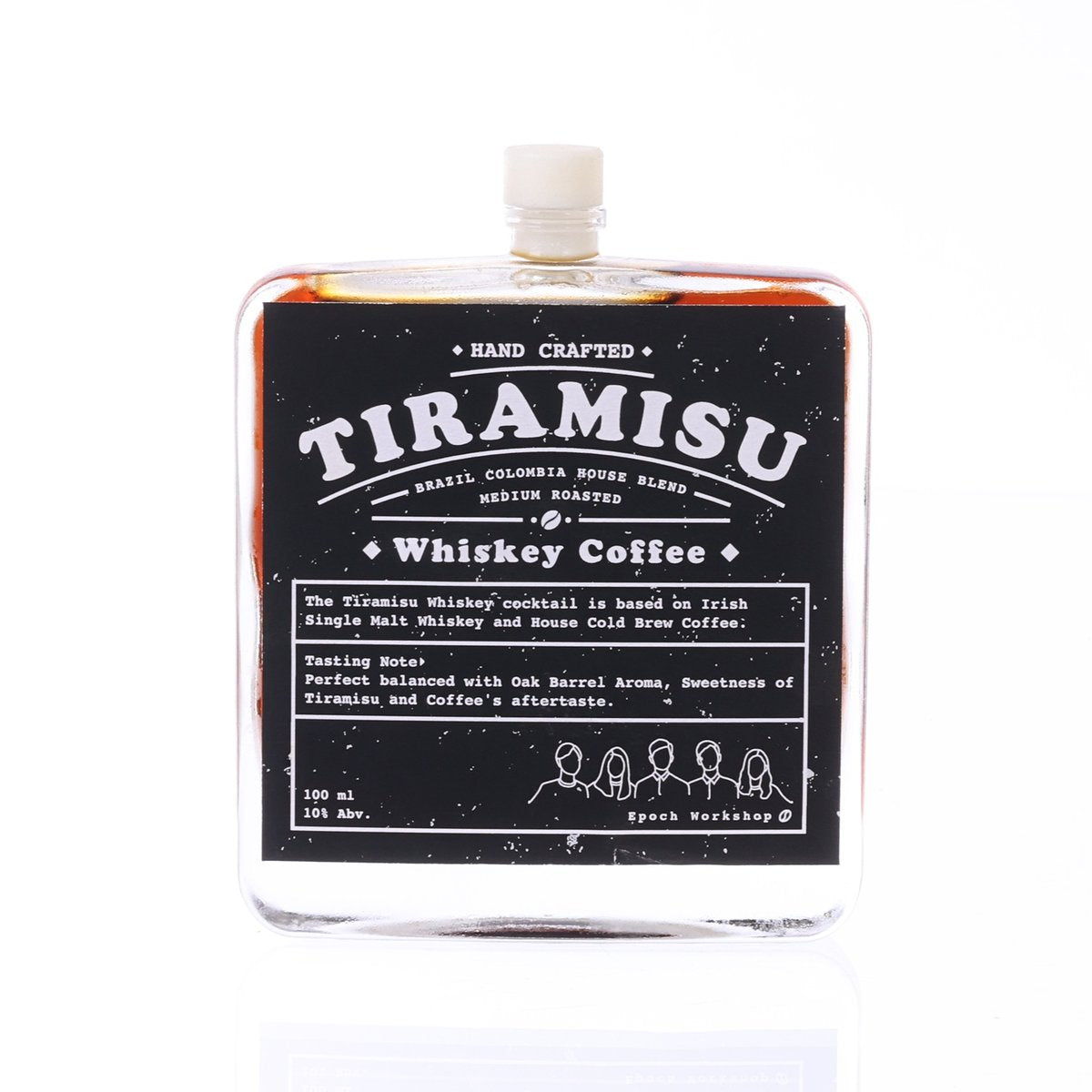 Tiramisu whiskey coffee liqueur bottle, clear glass with front label and white cap