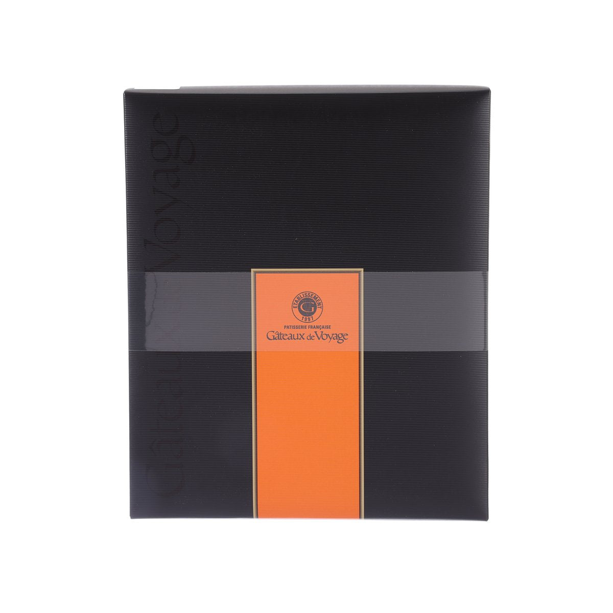 Caramel latte cake gift box with black cover and orange brand label