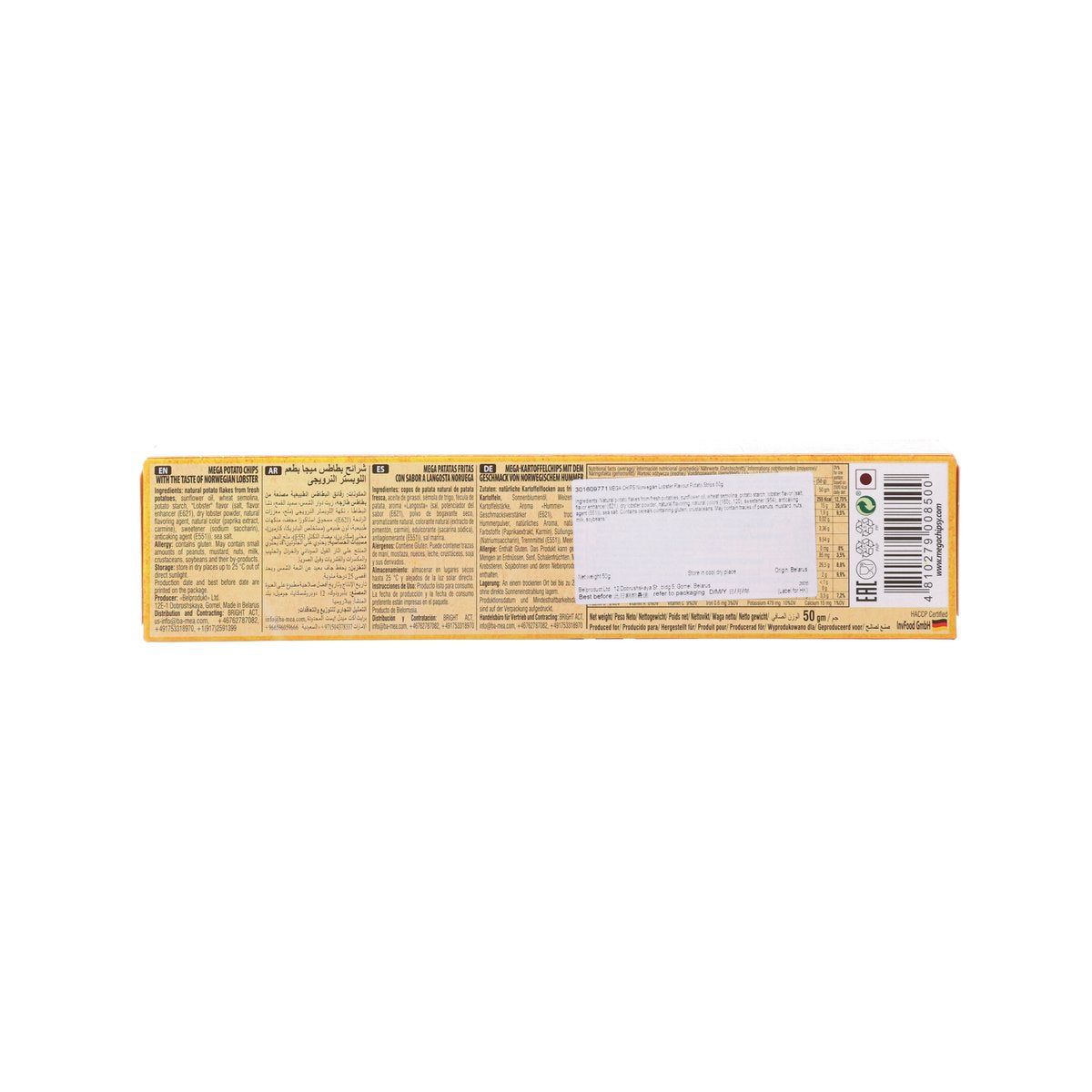 Potato strip bag back with nutrition facts, ingredients, and barcode