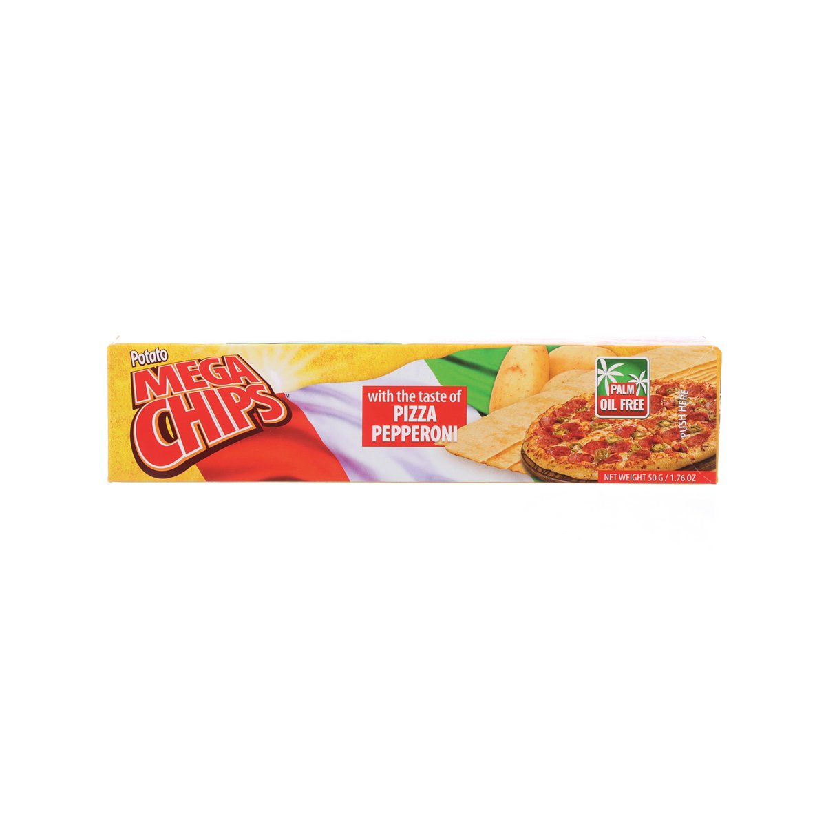 Pizza pepperoni potato chips bag, 50 g, front view with Mega Chips branding