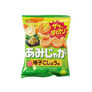 TOHATO yuzu pepper potato chips bag, green with chip illustrations and citrus graphics