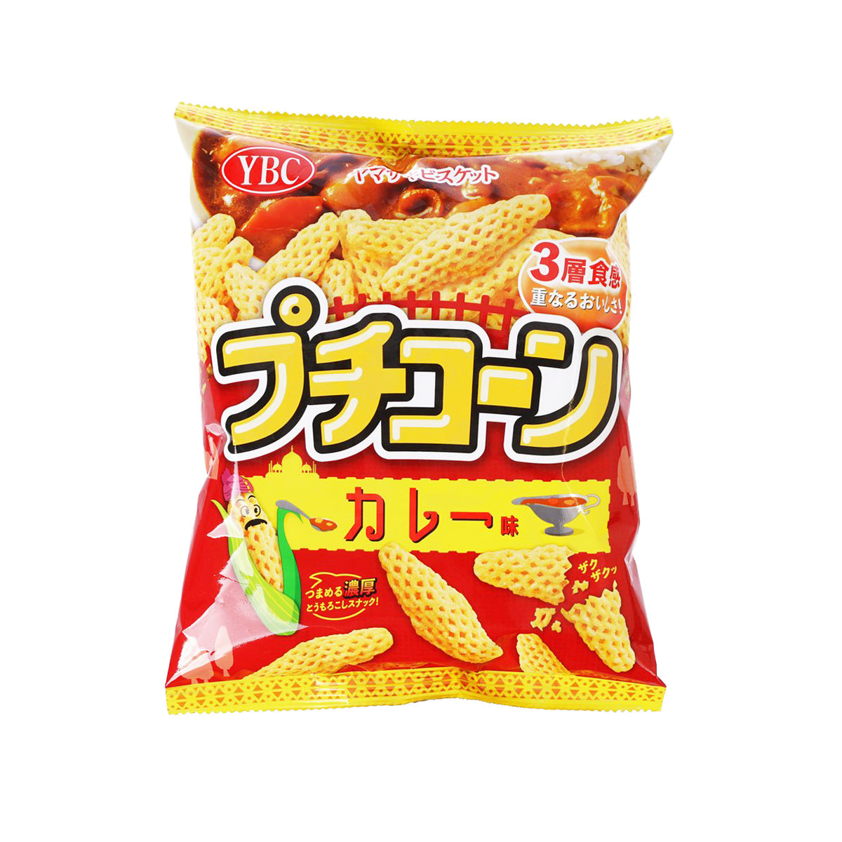 YBC Petit Corn Snack curry-flavor snack bag, front with logo and corn chip graphics