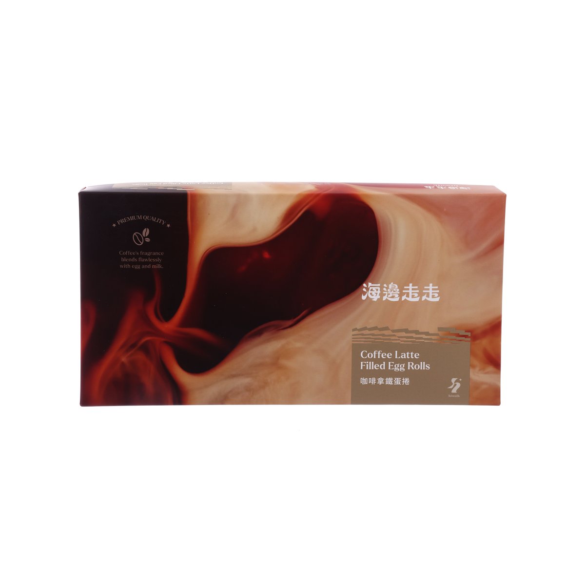Coffee latte filled egg rolls box, brown and cream front with product label