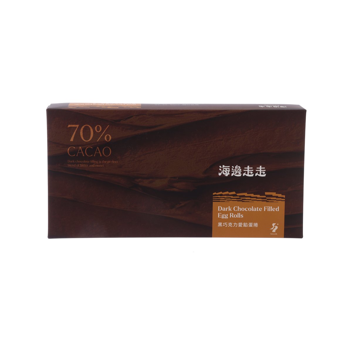 HIWALK dark chocolate filled egg rolls box, front with 70% cacao panel