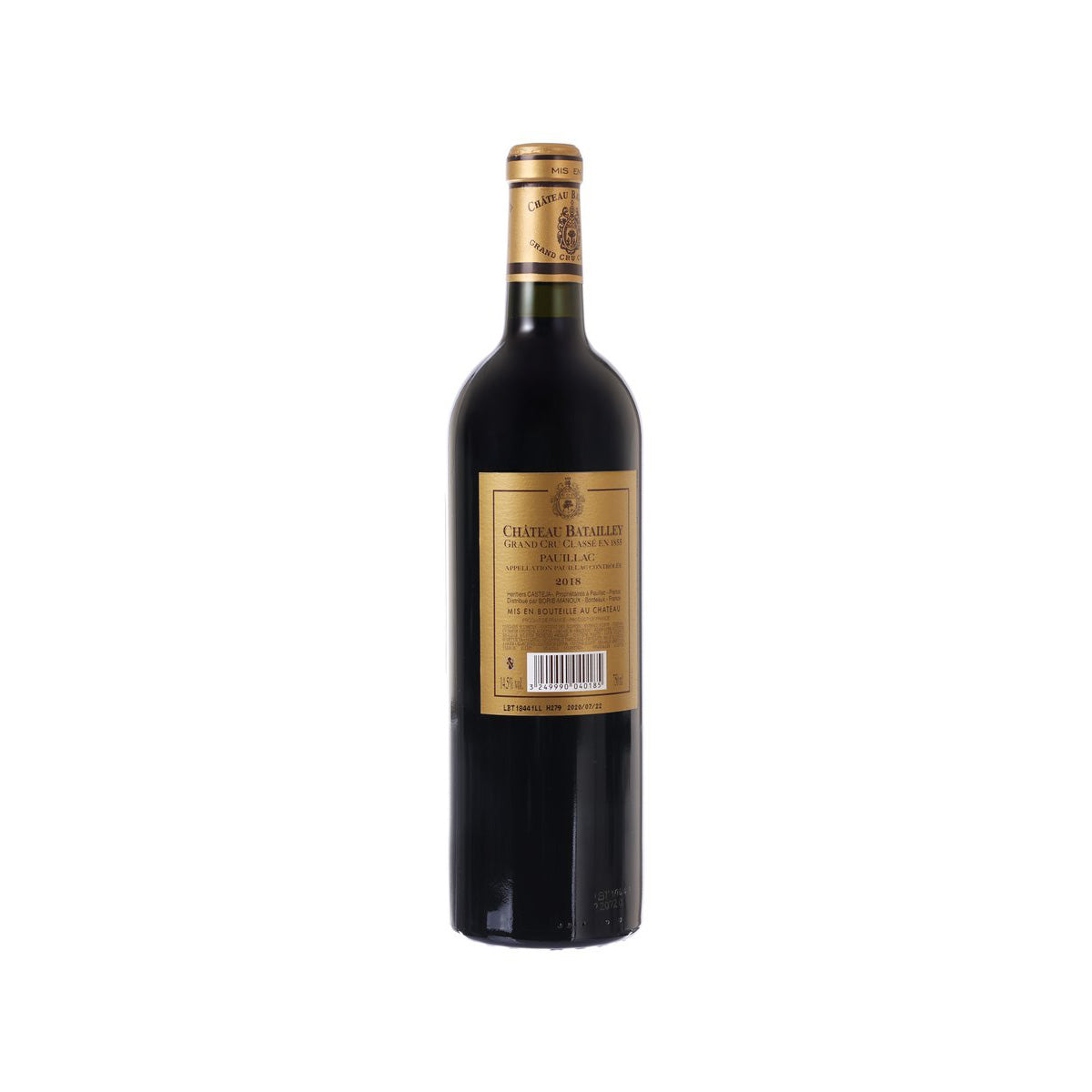 Pauillac wine bottle by CH BATAILLEY, back label with barcode, 2018, 750 mL