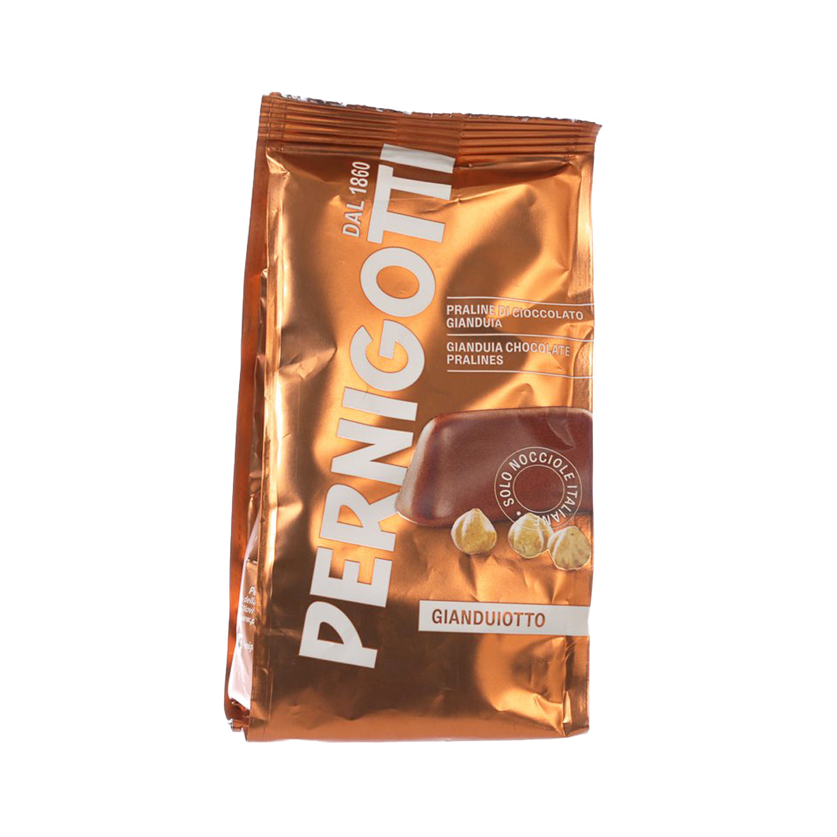 Gianduia pralines chocolate bag, PERNIGOTTI, bronze foil with praline and logo details