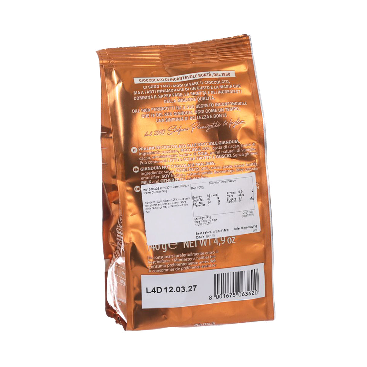 Gianduia pralines chocolate bag back with ingredient text and nutrition panel, PERNIGOTTI