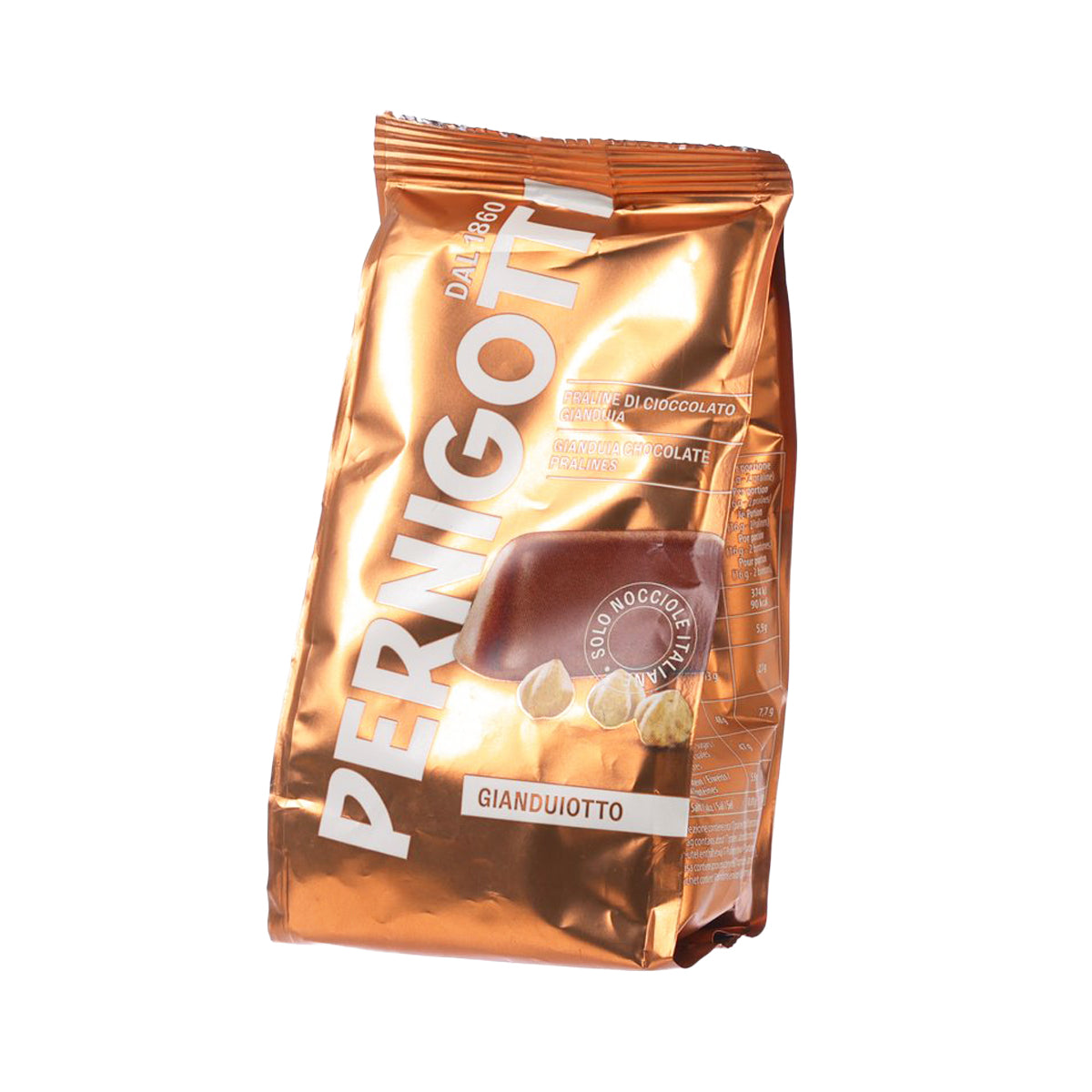 Gianduia pralines chocolate bag front, PERNIGOTTI, bronze foil with Gianduiotto image