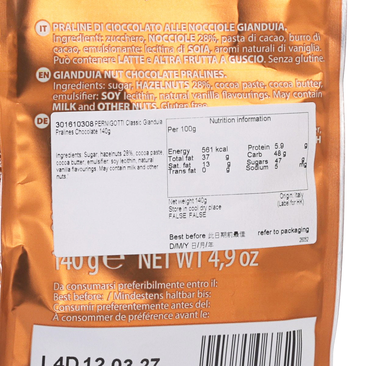 Chocolate bag close-up: ingredients and nutrition panel on bronze foil, PERNIGOTTI