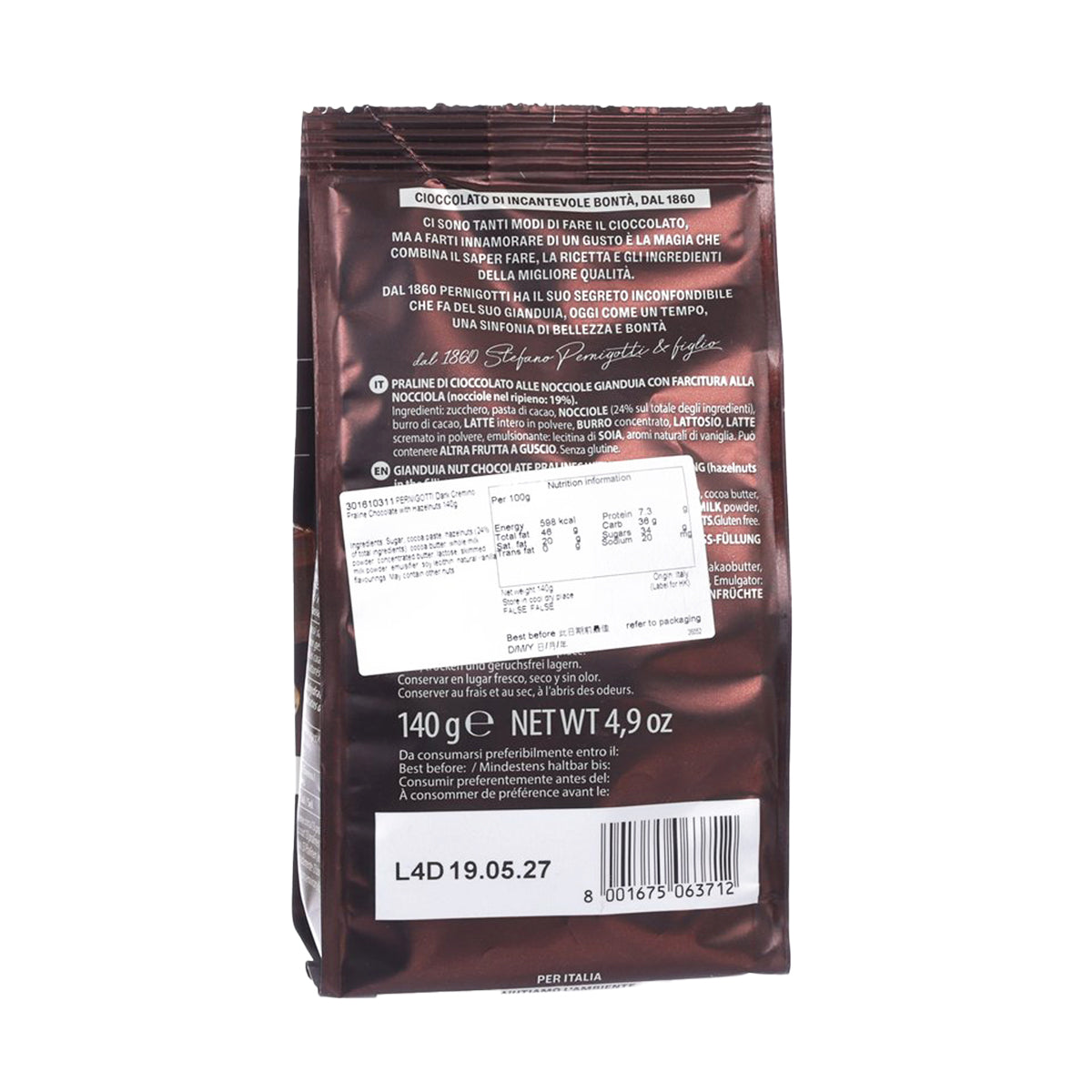 Back of dark cremino praline chocolate pouch with hazelnuts, nutrition, 140 g