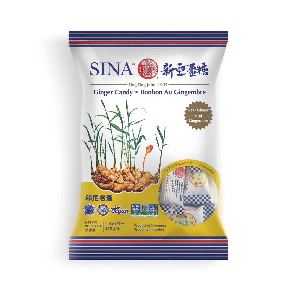 SINA ginger candy pouch, 125 g, white bag with blue and red stripes
