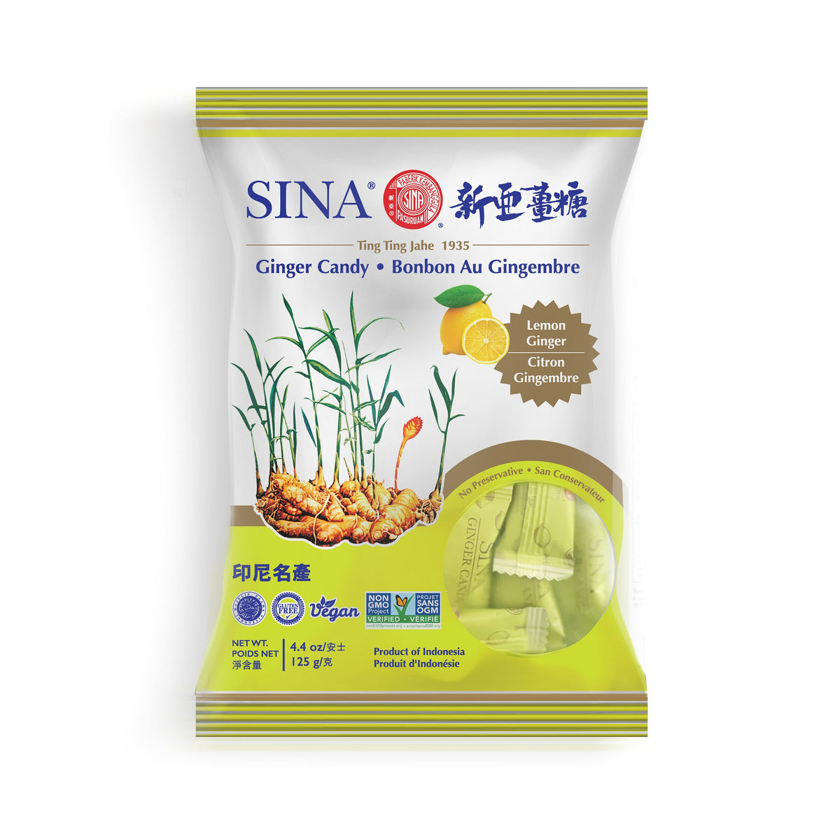 SINA ginger candy with lemon, 125 g wrapped bag package