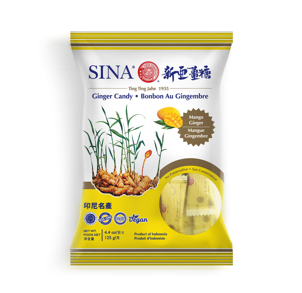 SINA ginger candy pack with mango flavor, foil-wrapped sachet