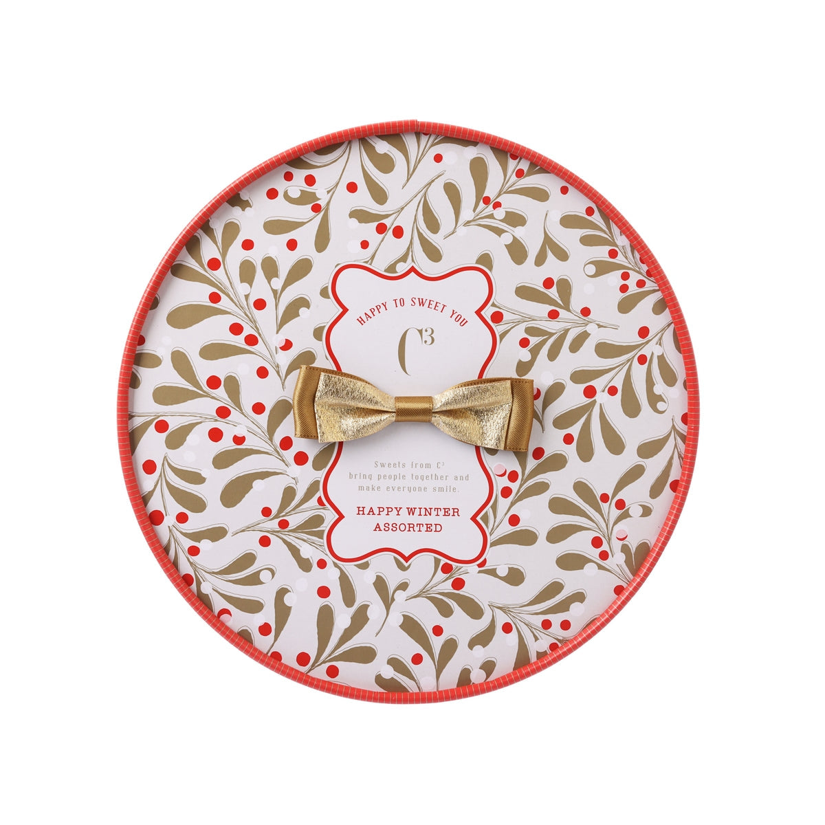 SUZETTE Happy Winter snack box, round tin with bow and festive leaf pattern
