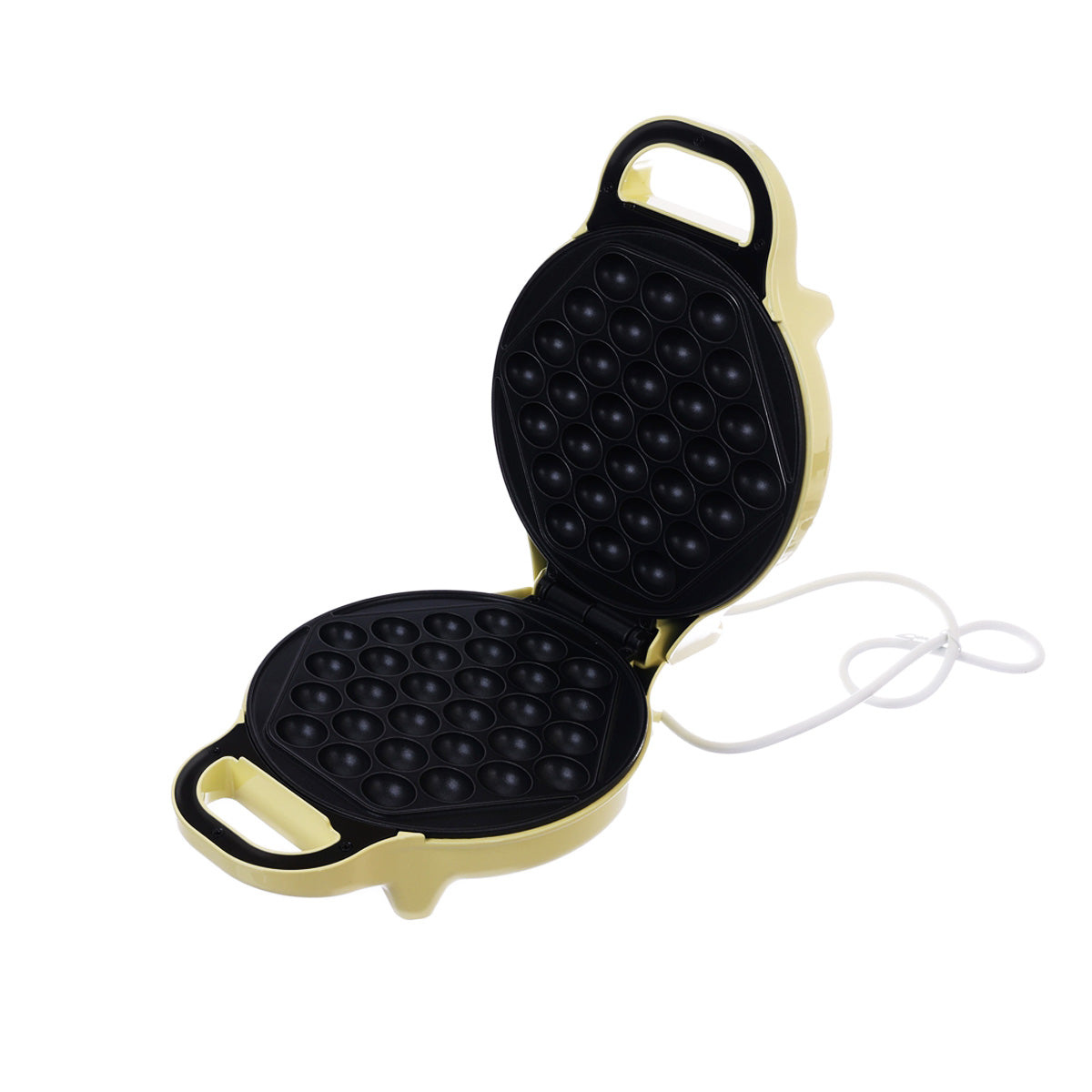 BUZZ ZAKKA egg waffle maker, black open clamshell with egg mold dots