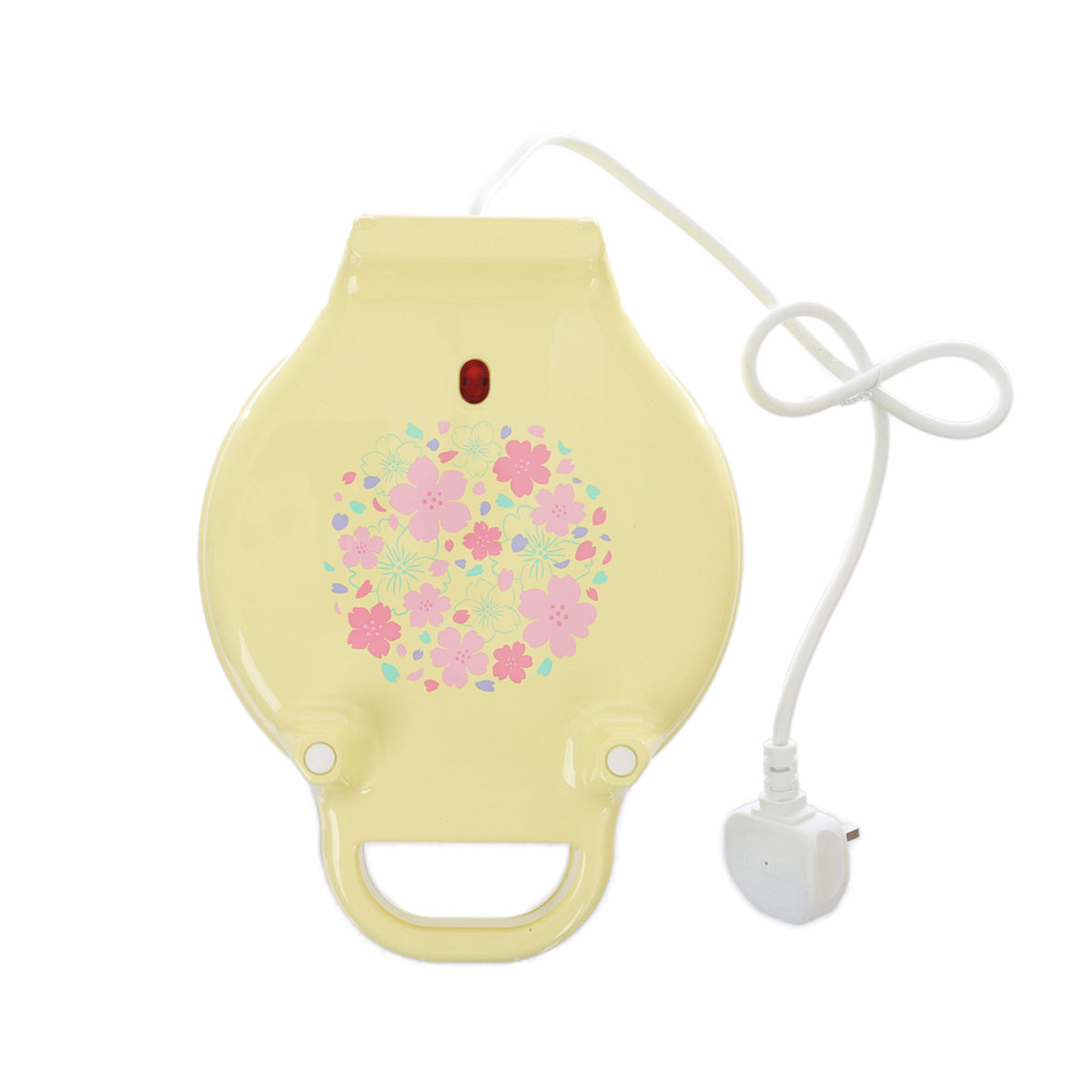 BUZZ ZAKKA egg waffle maker, yellow shell with cord and pink floral print