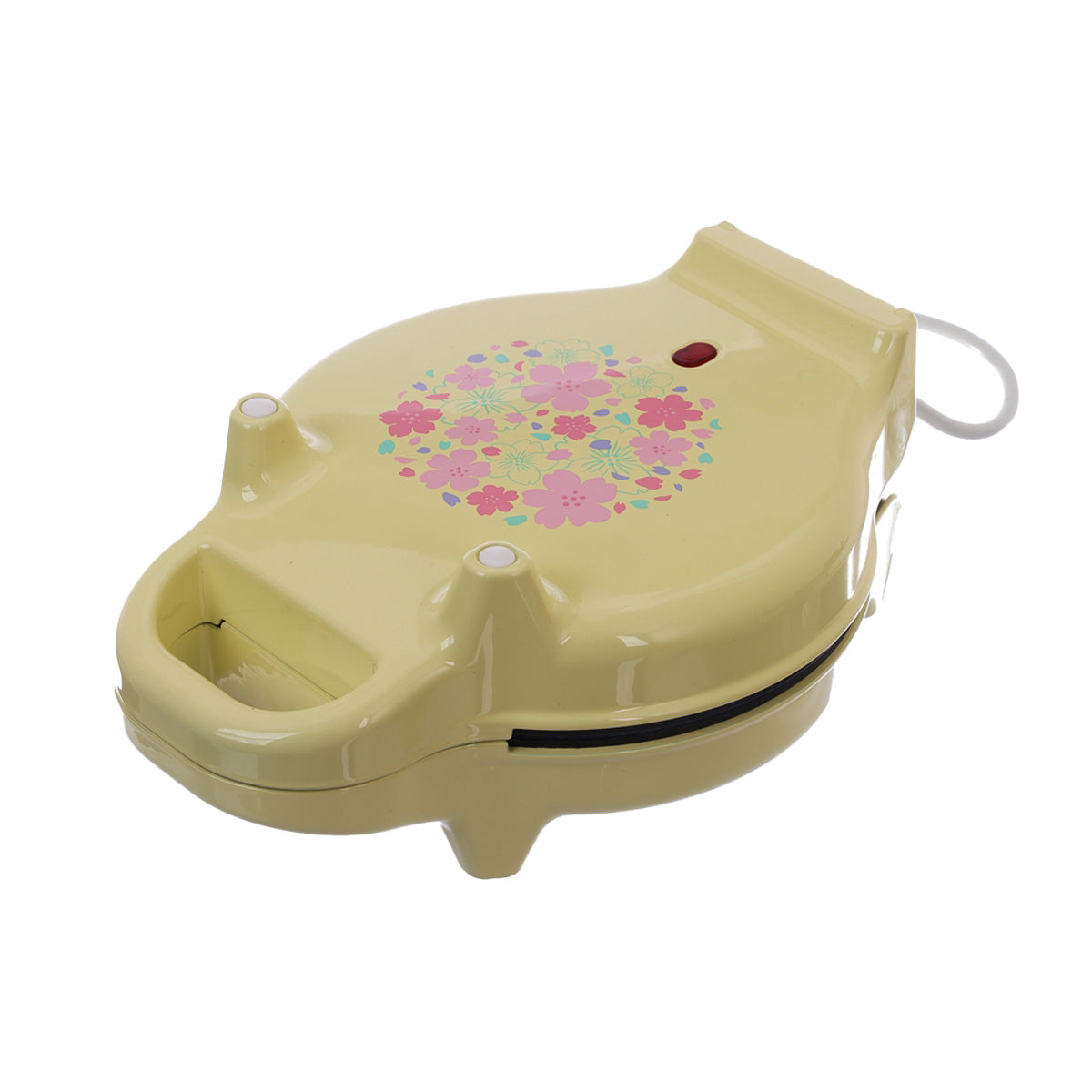 BUZZ ZAKKA egg waffle maker, yellow clamshell with pink floral graphic