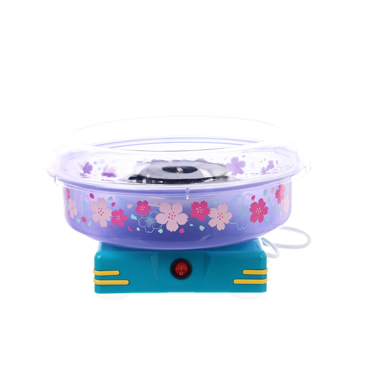 Cotton candy maker with floral bowl, clear lid, black spinning head, turquoise base