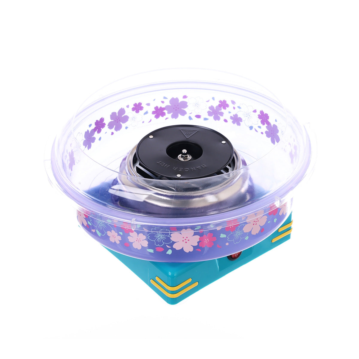 Cotton candy maker with purple floral bowl, clear lid, black spinning plate, turquoise base