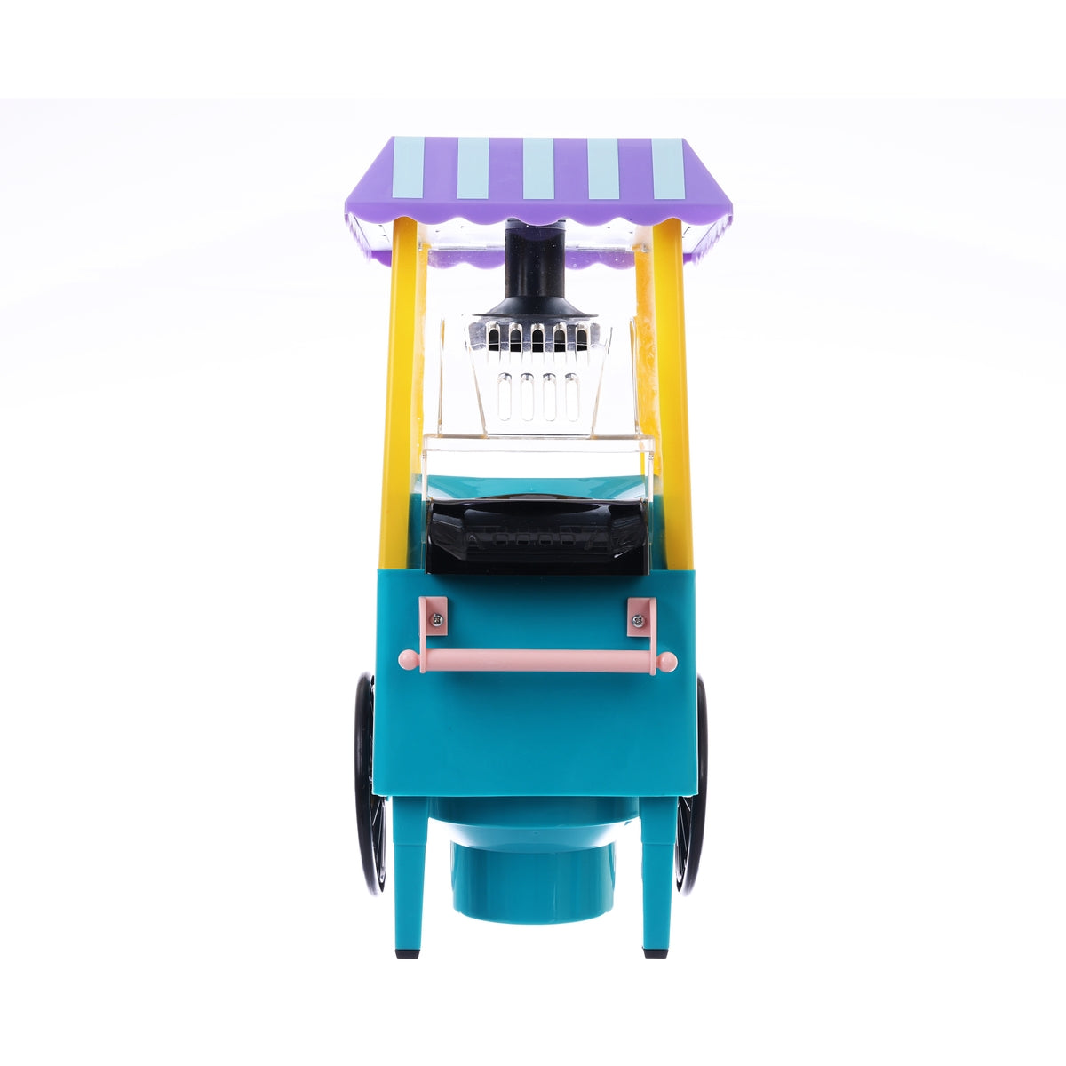 Mini popcorn maker cart with striped purple roof, yellow frame, teal base, hand crank