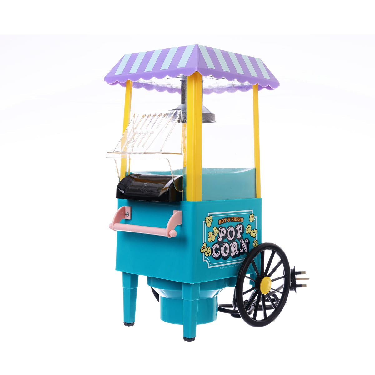 Popcorn maker cart in teal and yellow with purple striped canopy and glass warming tray