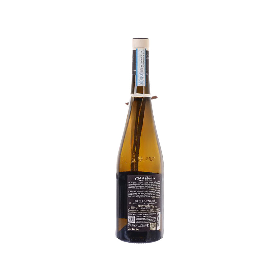 ITALO CESCON Pinot Grigio wine bottle with back label, 750 mL glass