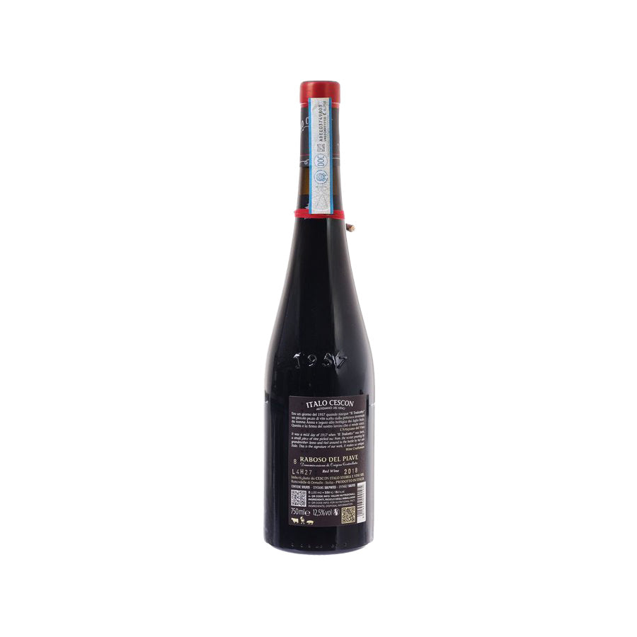 ITALO CESCON wine bottle, dark glass, red foil top, back label view