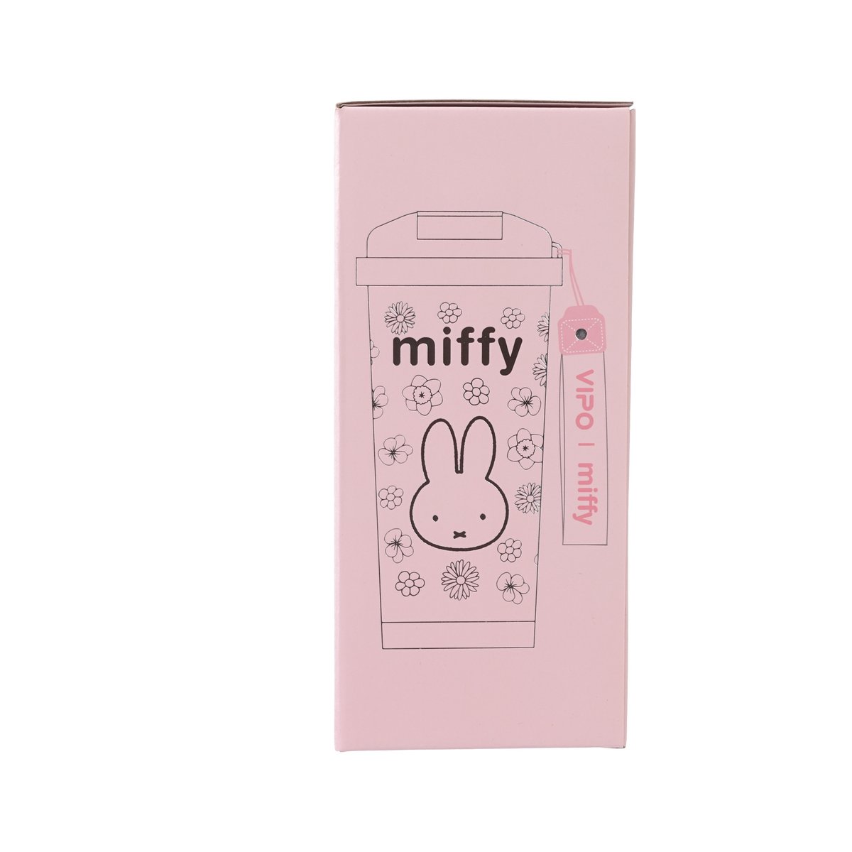 Pink miffy vacuum cup box with outline cup graphic and vertical brand tag