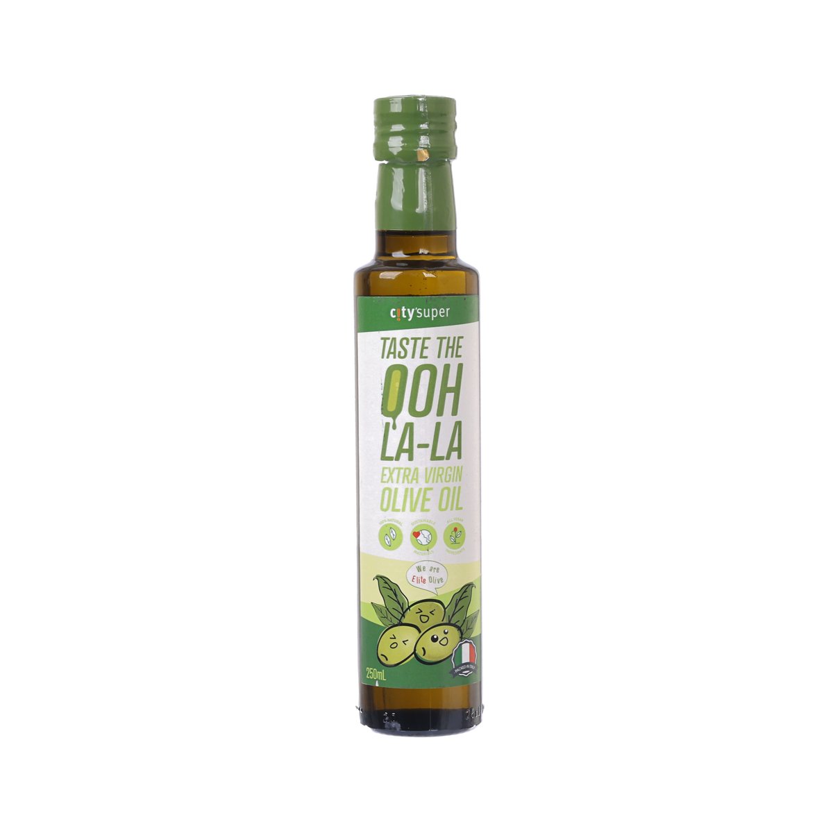 CITYSUPER extra virgin olive oil bottle, 250 mL, front label with green design