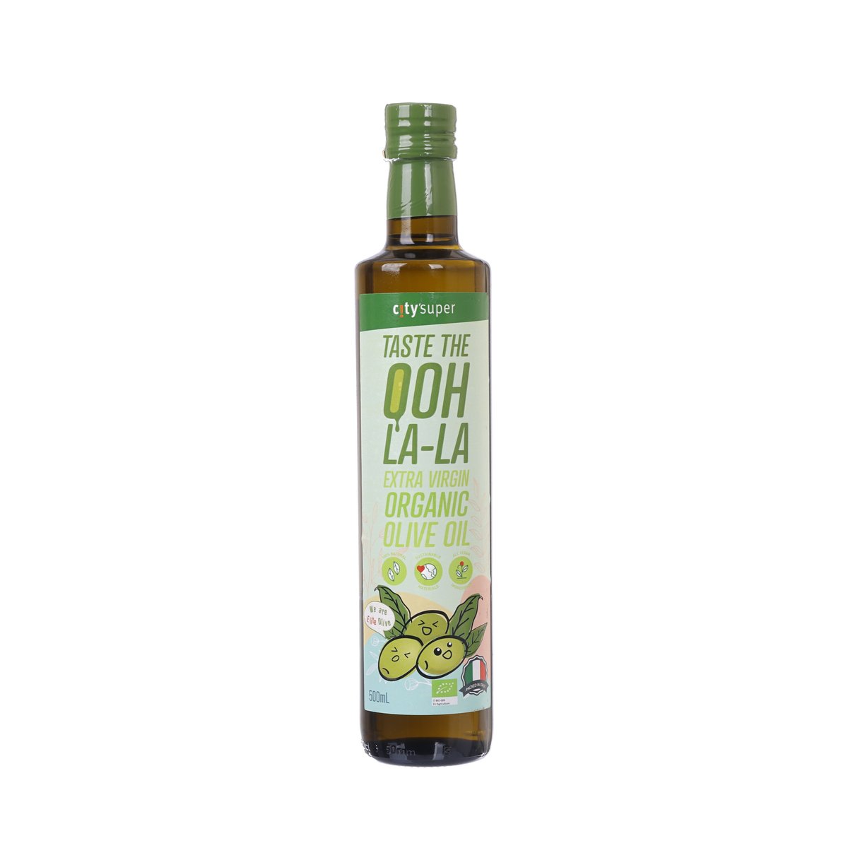 Olive oil bottle with green cap, CITYSUPER extra virgin organic (500 mL), front label