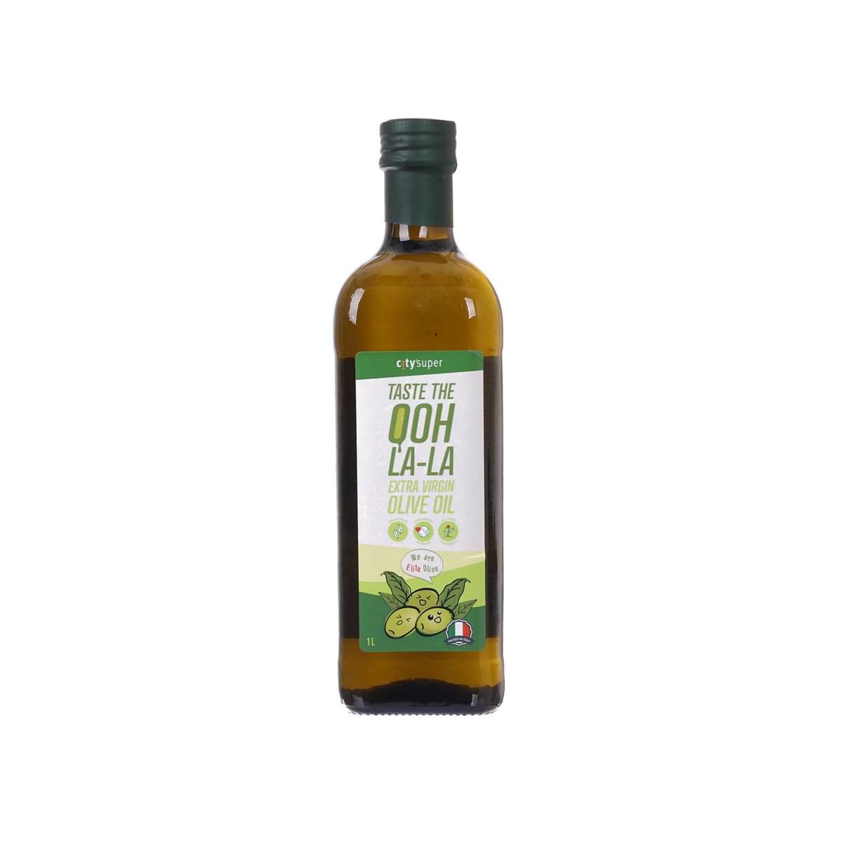 CITYSUPER extra virgin olive oil bottle, amber glass with front label and olive graphics