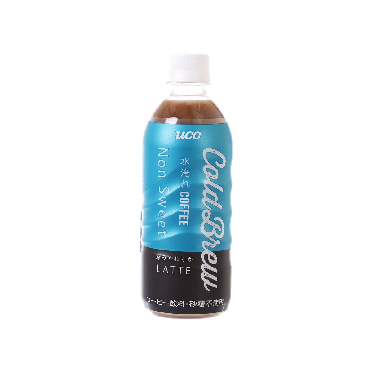 UCC non-sweet cold brew latte PET bottle, blue label front, 500 mL