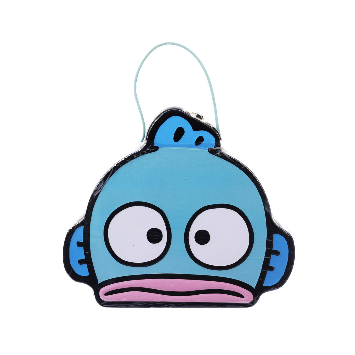 Blue character tin purse with handle, cute face graphic front