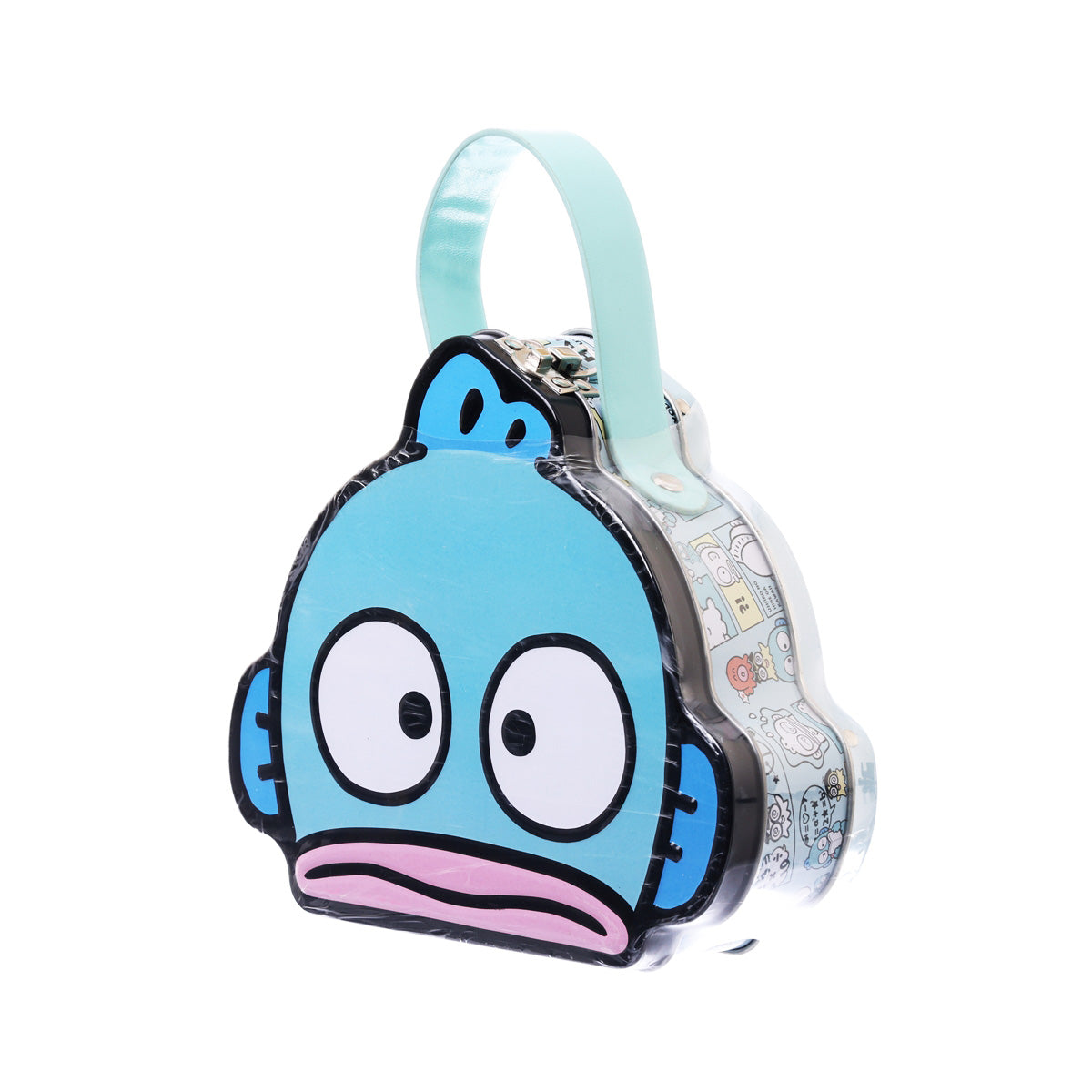 Blue character tin purse with light strap, side view with colorful print