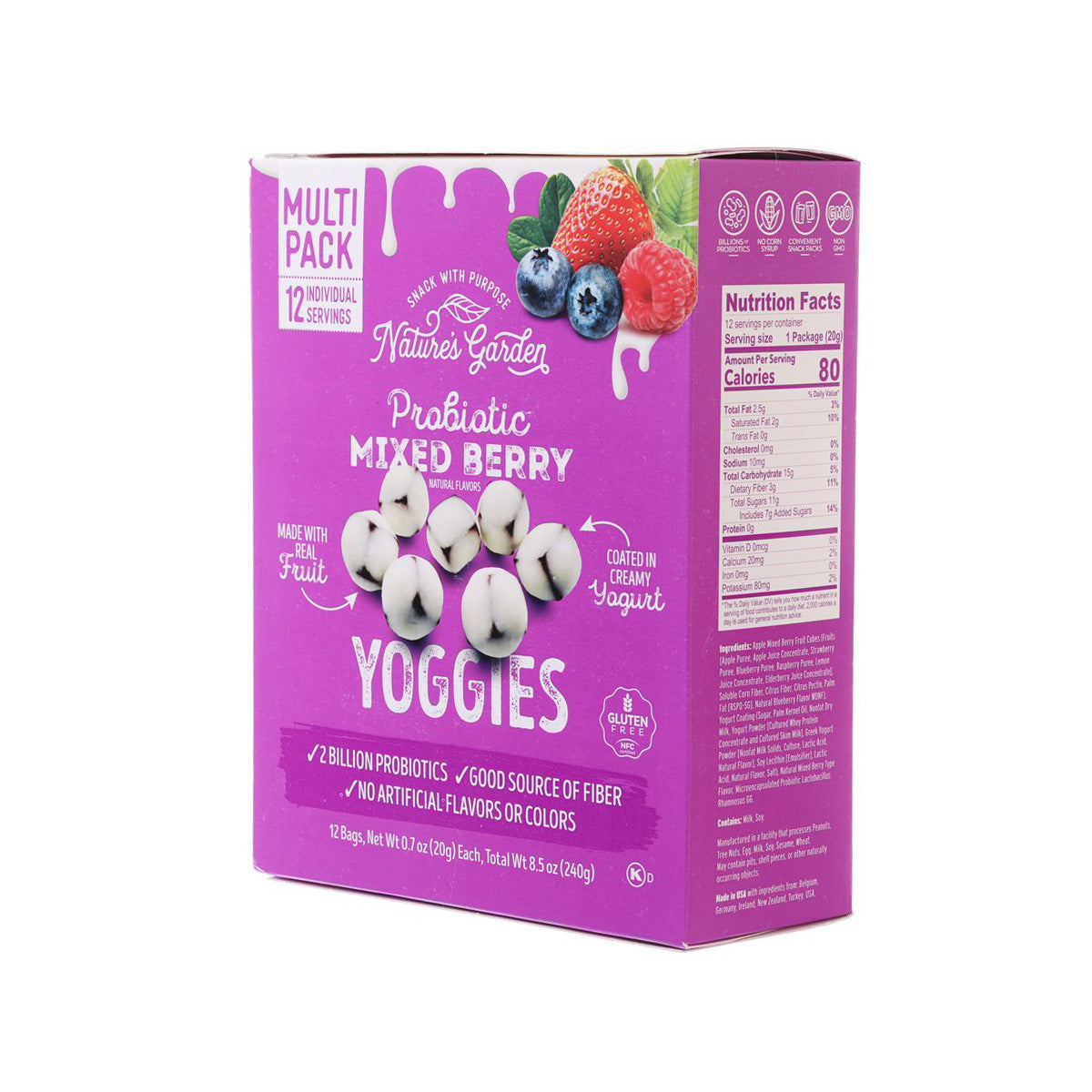 Probiotic mixed berry yoggies box side with nutrition facts panel visible
