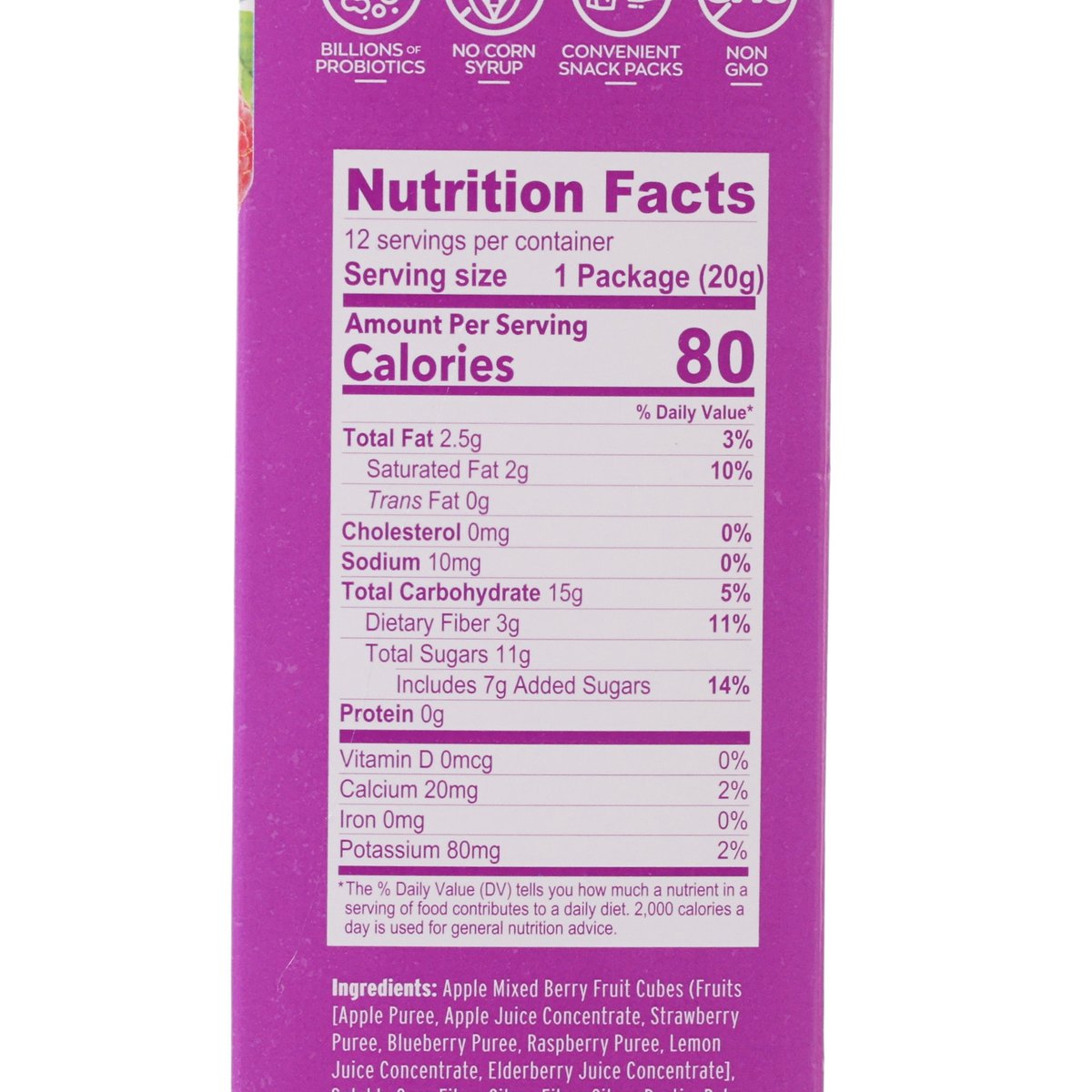 Nutrition Facts label for mixed berry yoggies, 80 calories per serving