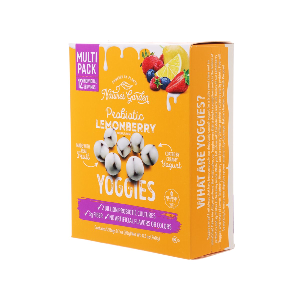 NATURE'S GARDEN probiotic lemonberry yoggies multipack box with side panel text