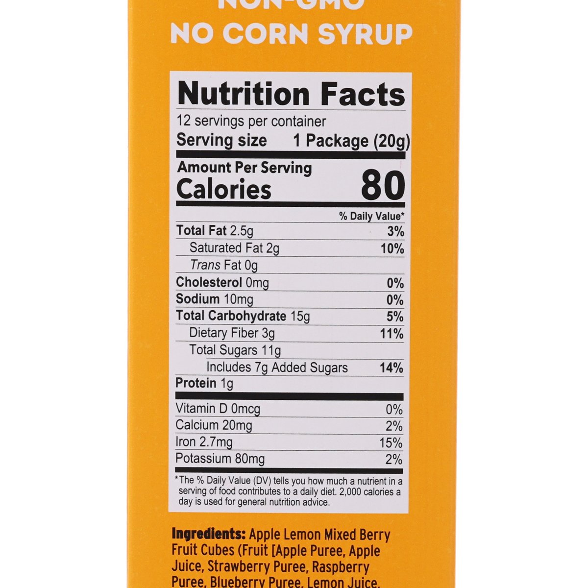 Nutrition Facts panel for NATURE'S GARDEN probiotic lemonberry yoggies, 12 servings